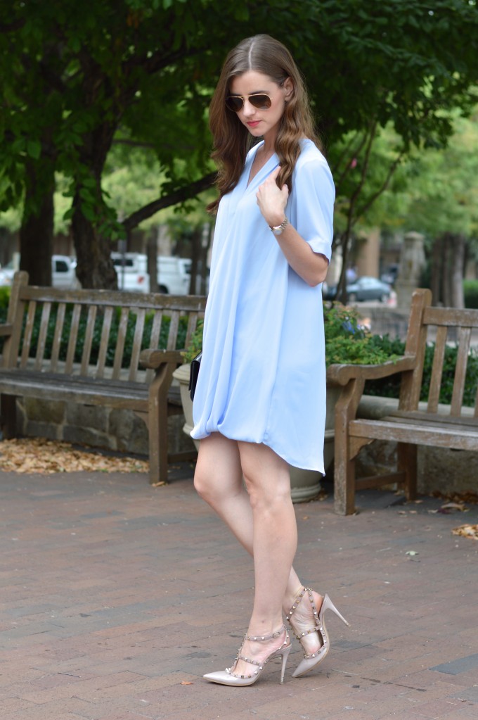 draped dress, blue dresses, baby blue dress, maternity style