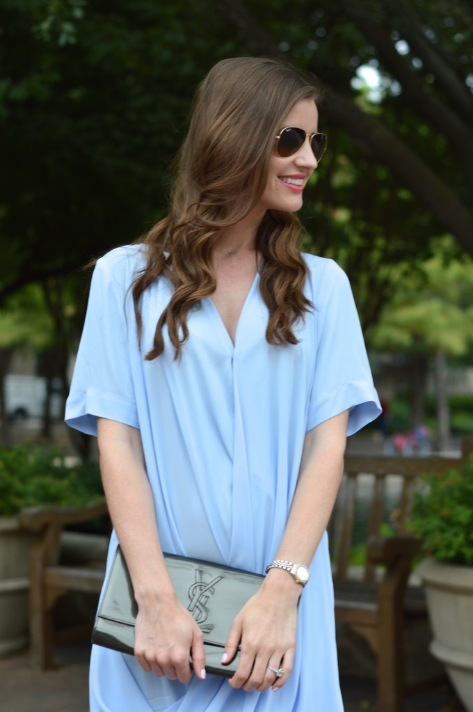 draped dress, easy waves, relaxed curls, baby blue dress
