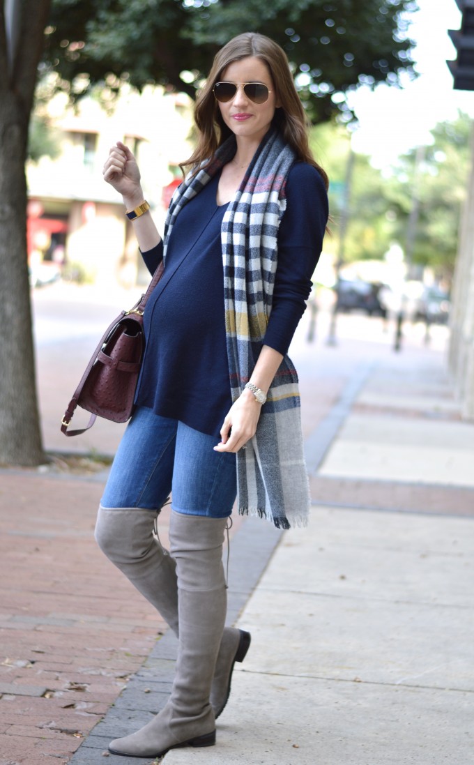 maternity style, plaid blanket scarf, bump style