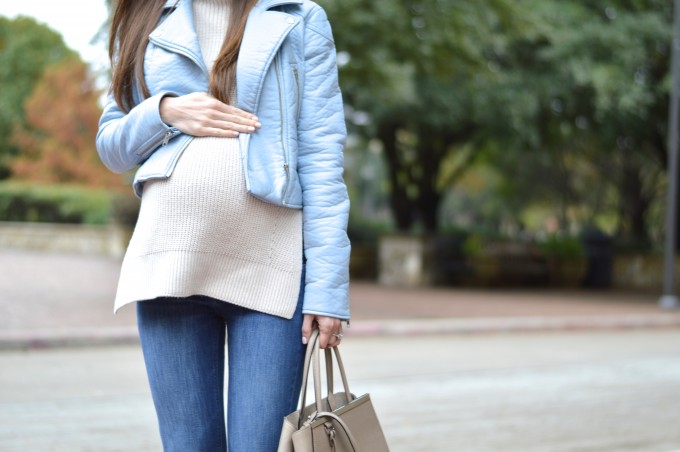 pregnancy style, maternity style, blue leather jacket