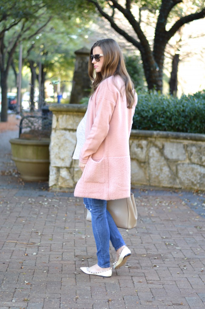 blush pink coat, maternity style, distressed jeans, valentino rockstud flats, winter white flats
