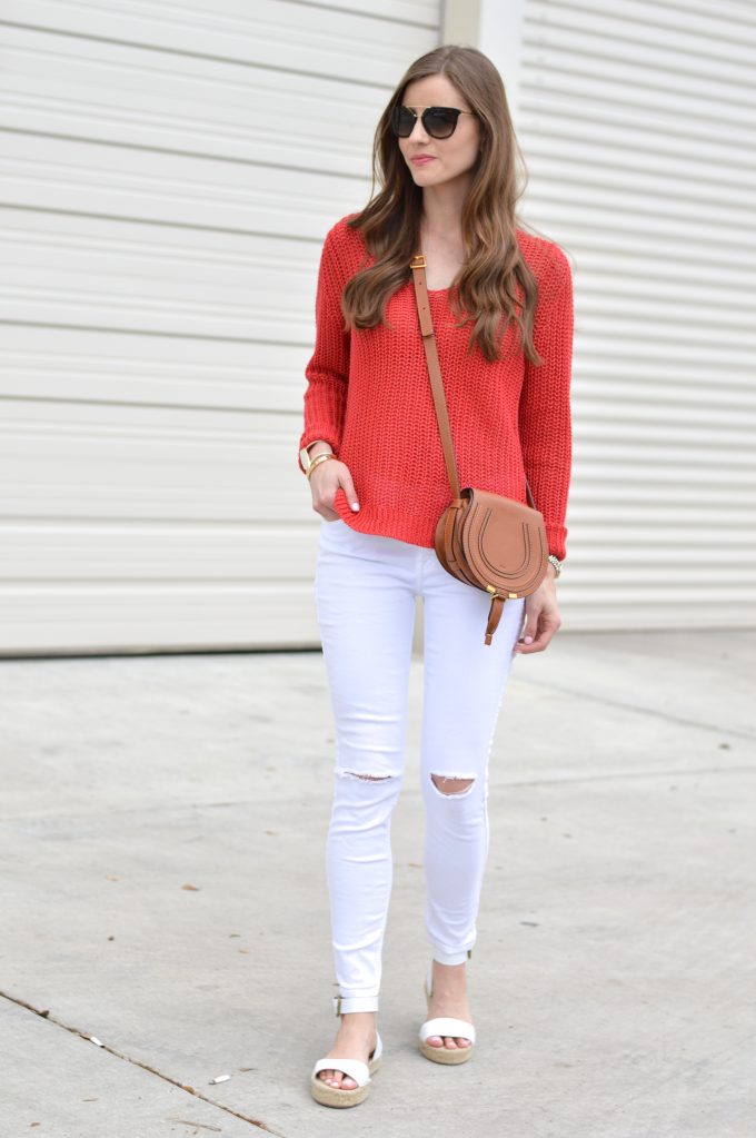 red sweater, linen sweater, white distressed jeans, chloe cross body bag