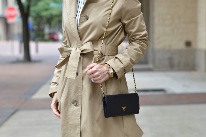 khaki trench coat, black wallet on a chain