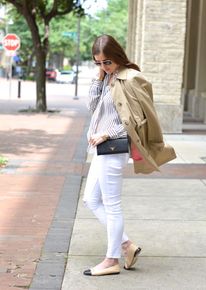 lightweight trench coat, black wallet on a chain, distressed white jeans, stripe top