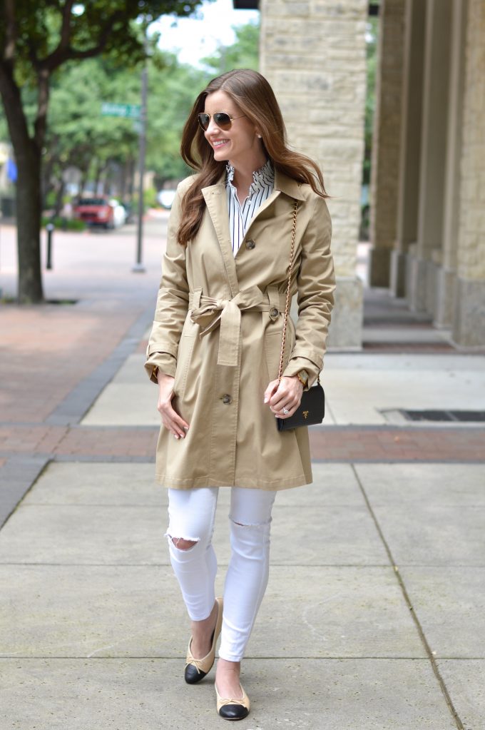 trench coat, black wallet on a chain, distressed white jeans