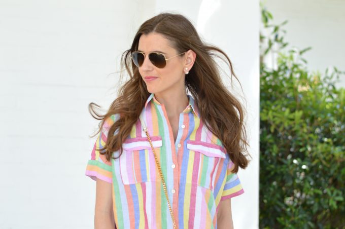 bishop and holland wearing a J. Crew rainbow striped shirt 