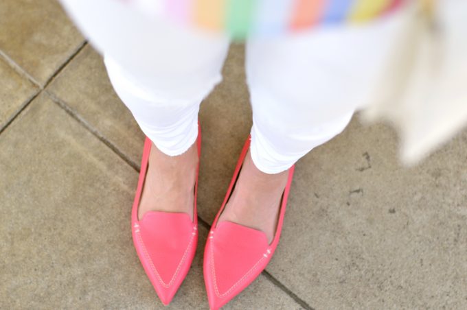 bishop and holland wearing white jeans and hot pink loafers