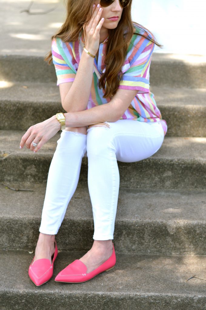 bishop and holland wearing a J. Crew rainbow striped shirt with white distressed jeans and hot pink loafers