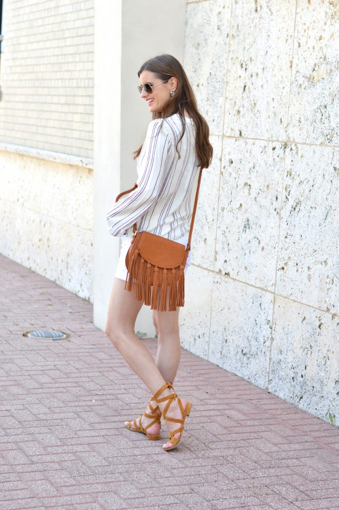 A great fringe edge cross body bag worn with matching suede wrap around gladiator sandals
