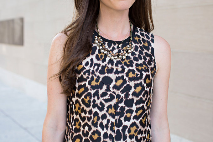 Details of a leopard print dress with a statement necklace