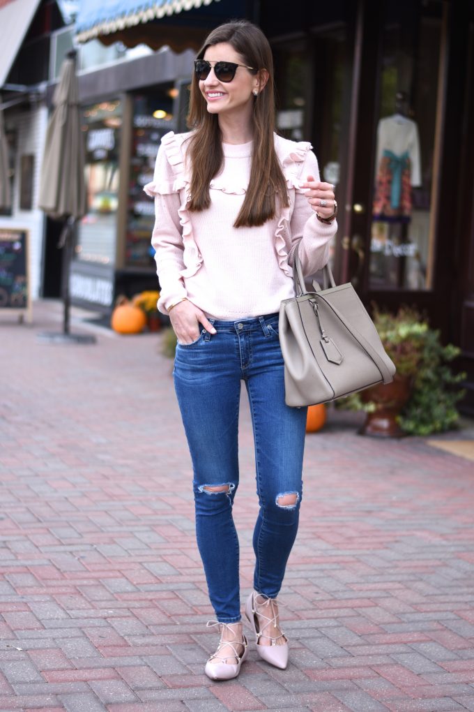 blush pink ruffle sweater, distressed jeans