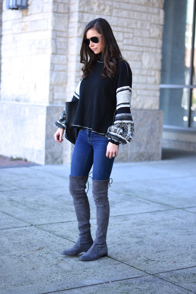 knit sweater with bell sleeves, grey over the knee boots