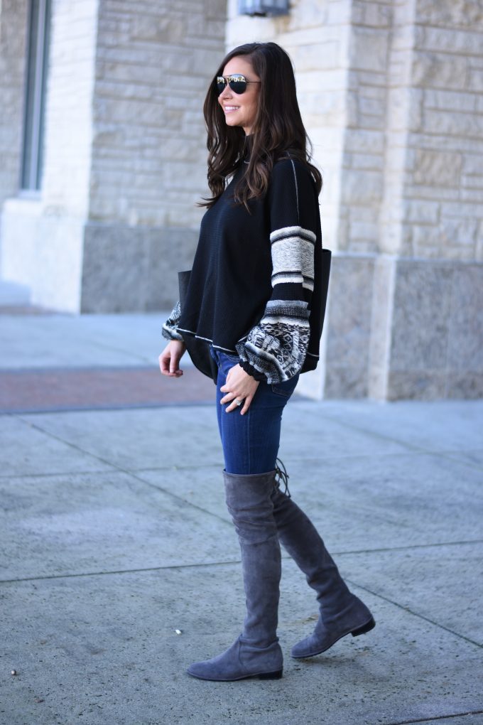 knit sweater with bell sleeves, grey suede over the knee boots