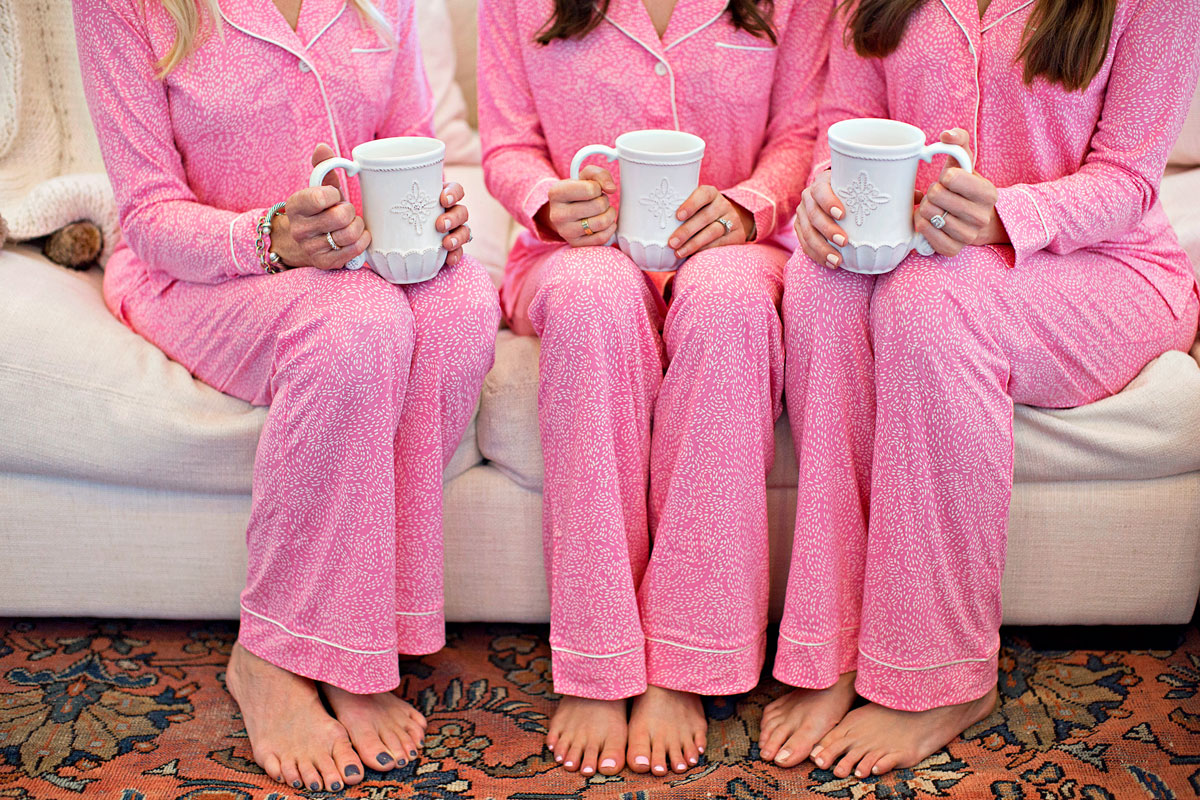 pink Christmas pajamas, white coffee mugs