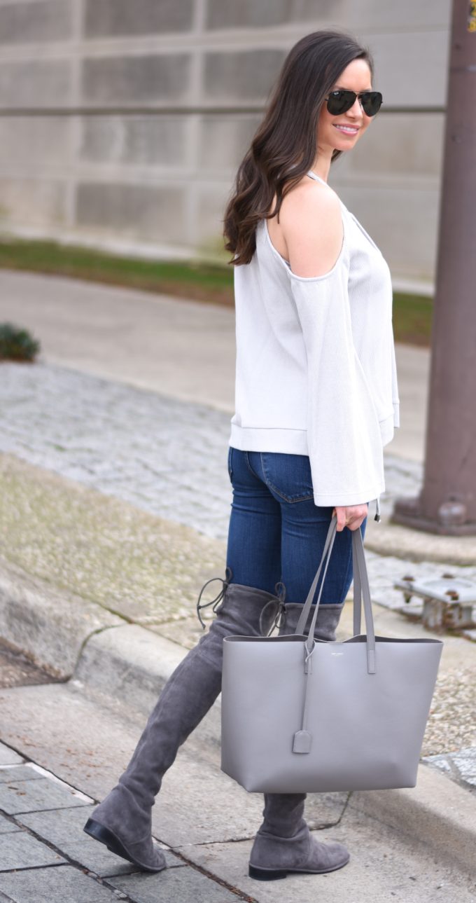 grey cold shoulder top, grey tote bag, over the knee boots