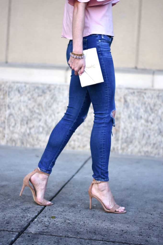 distressed jeans with nude suede stiletto heels