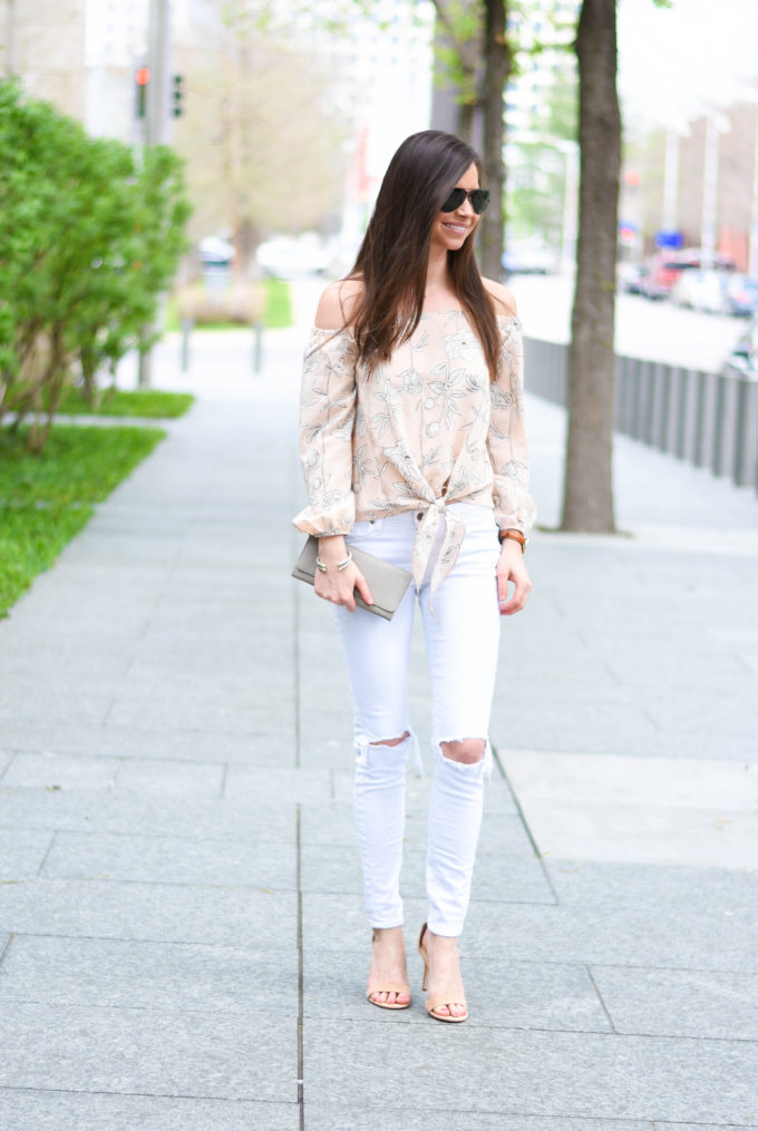 tie front off the shoulder top, white distressed jeans, nude shoes