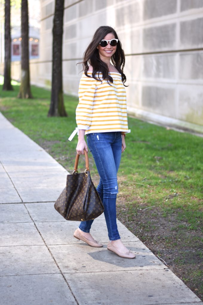 yellow striped off the shoulder