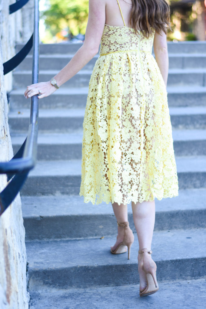 yellow lace midi dress