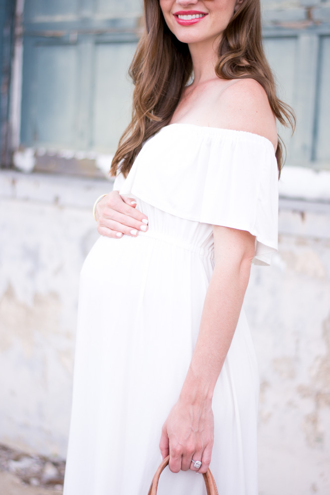 white off the shoulder maternity dress