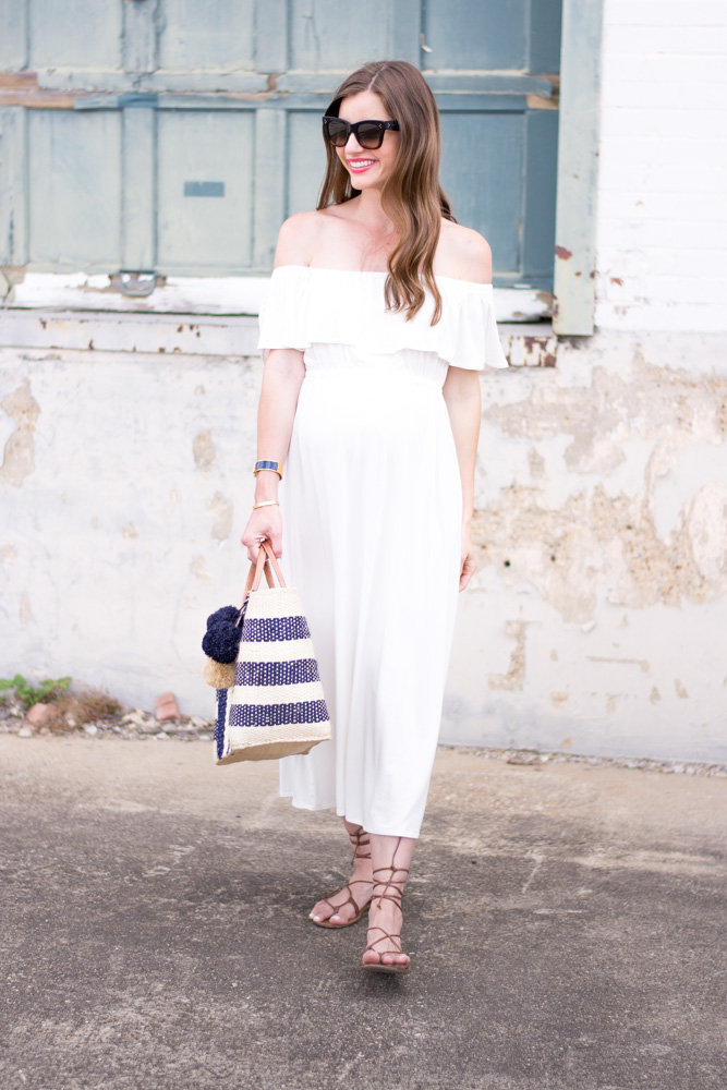 28 week bumpdate white off the shoulder maternity maxi dress
