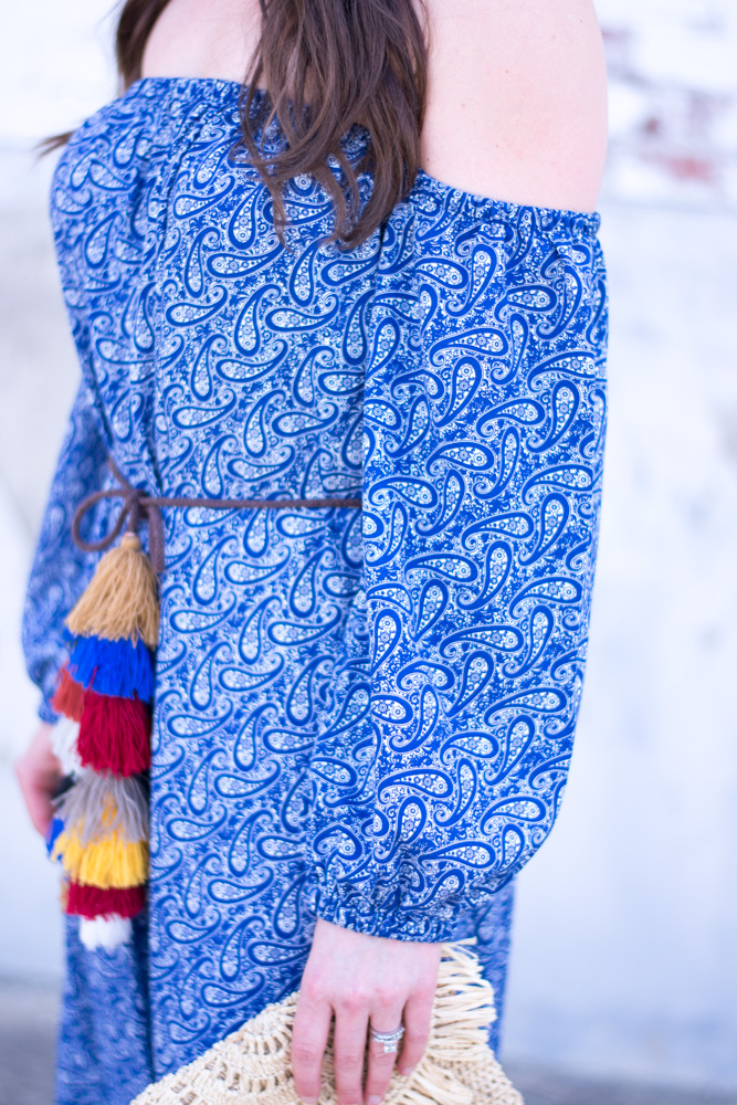blue printed dress, tassel belt