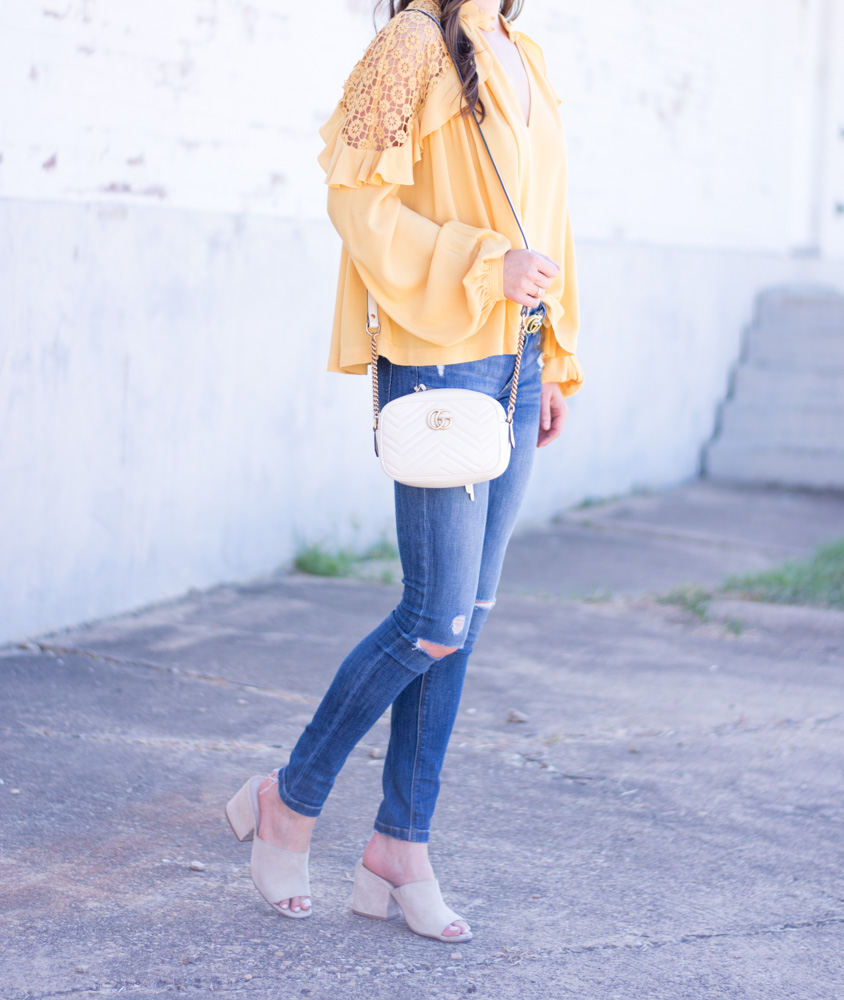 yellow tops for fall white camera bag distressed jeans