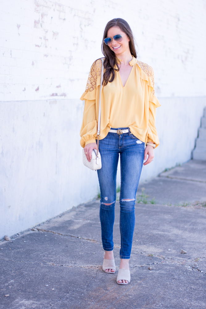 yellow tops for fall, white camera bag distressed jeans