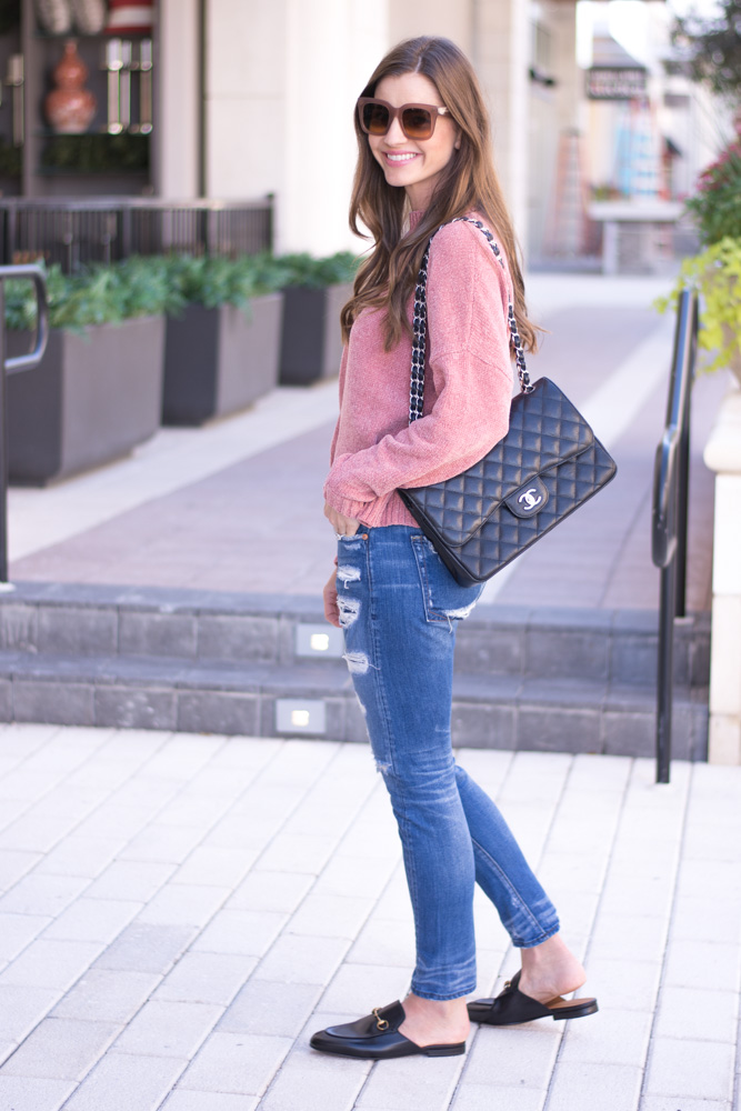 pink chenille sweater chanel handbag