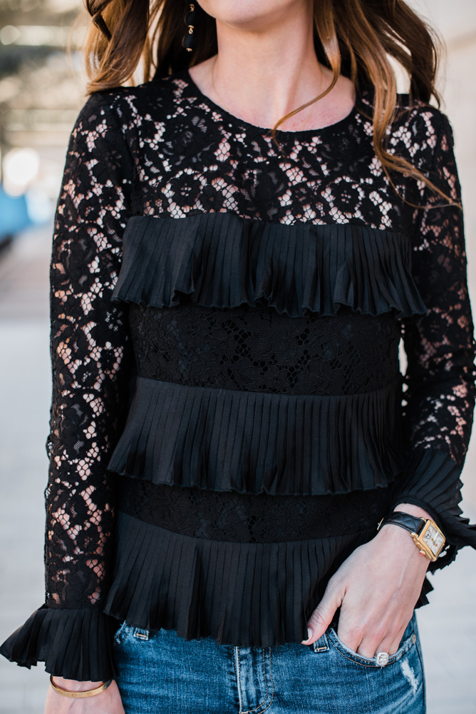 black lace pleated top