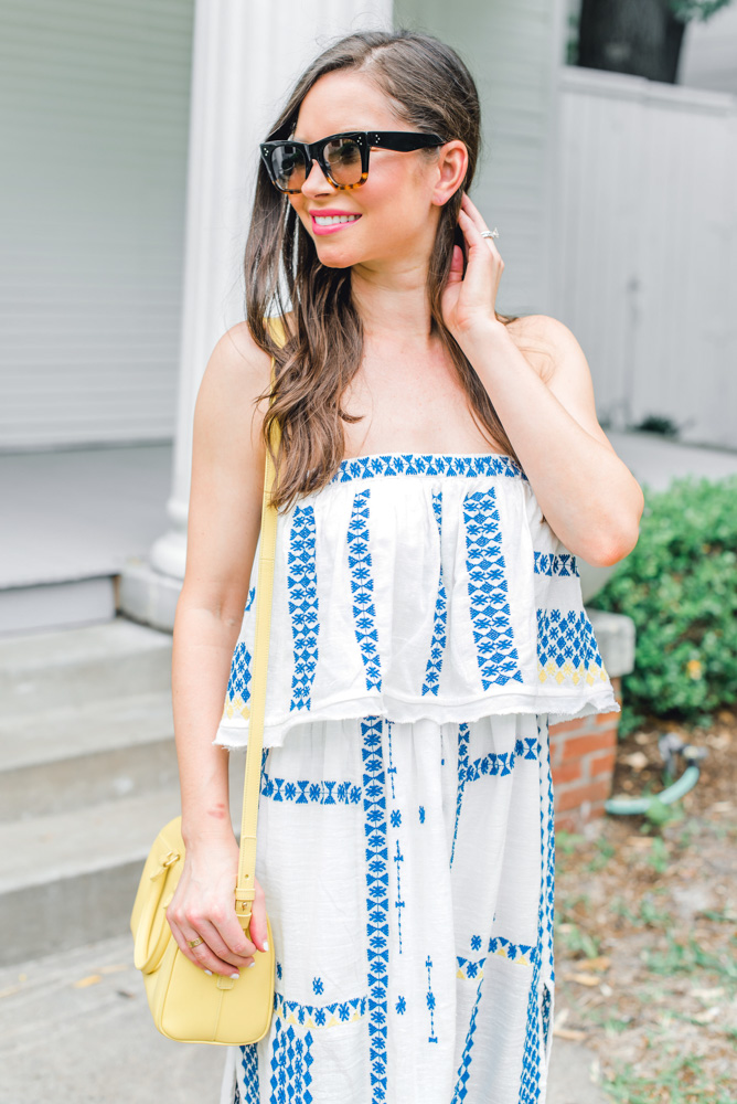 strapless blue and white maxi dress