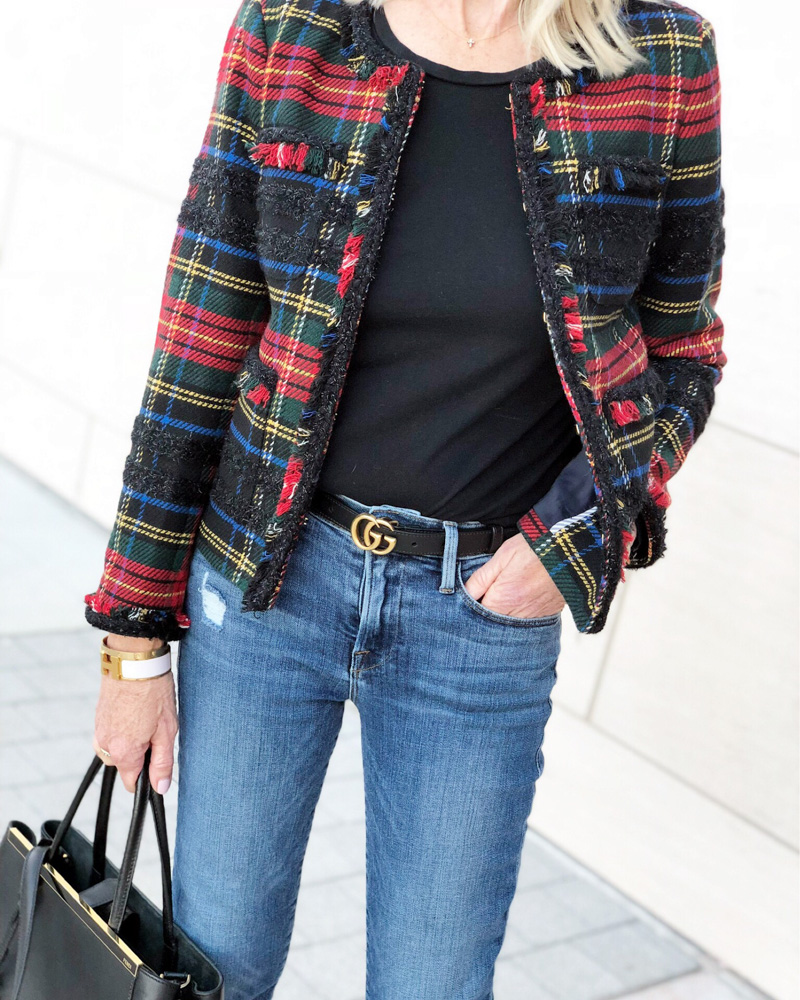 woman wearing plaid tweed blazer jeans chanel tote bag