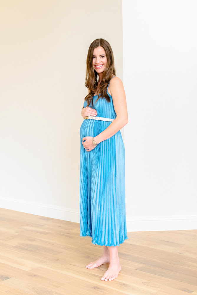 baby announcement blue pleated maxi dress