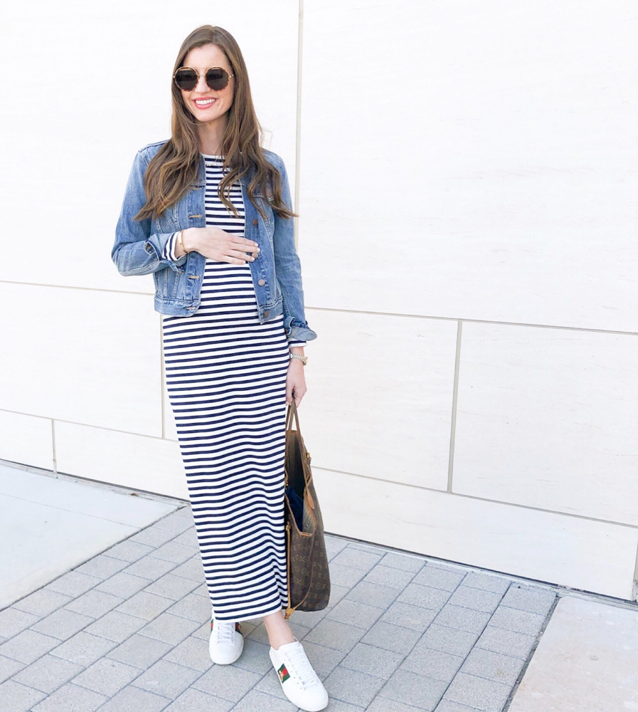 non-maternity striped maxi dress jean jacket