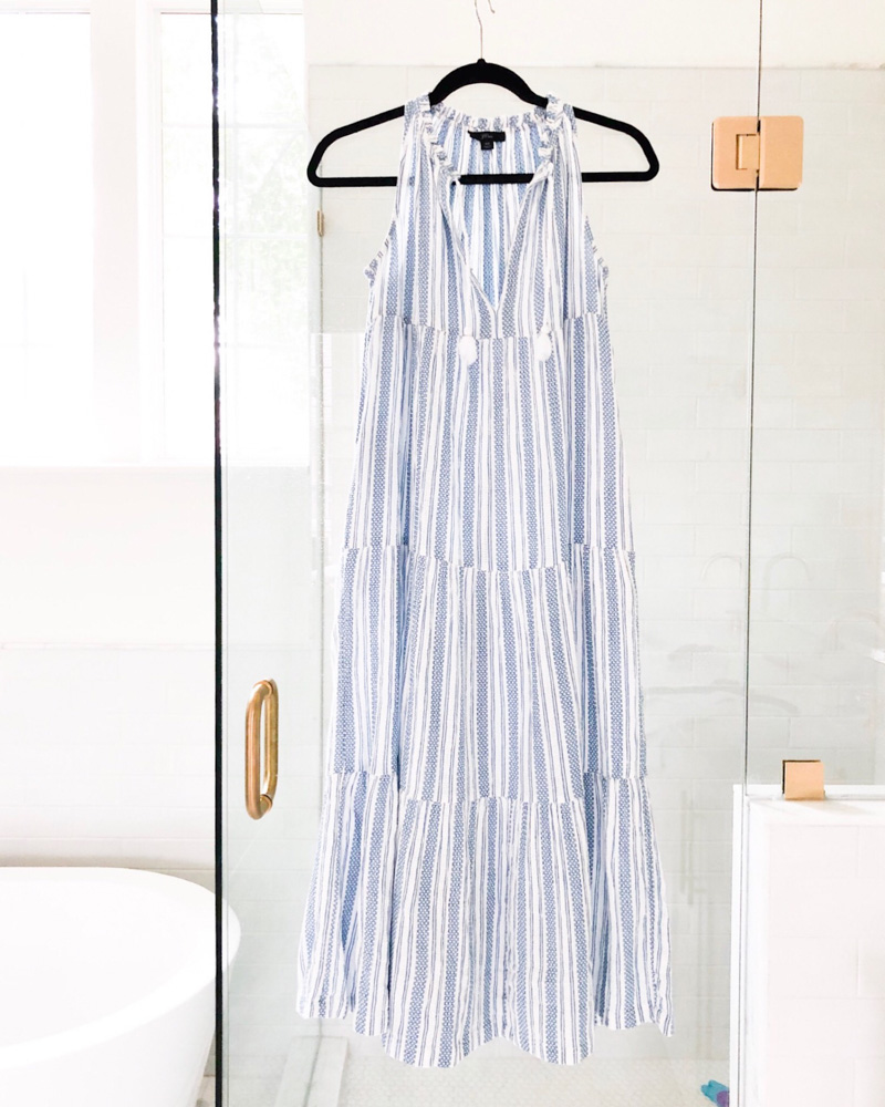 blue white striped tiered maxi dress