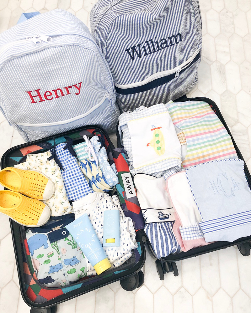toddler boys matching monogrammed seersucker striped backpacks packed suitcase