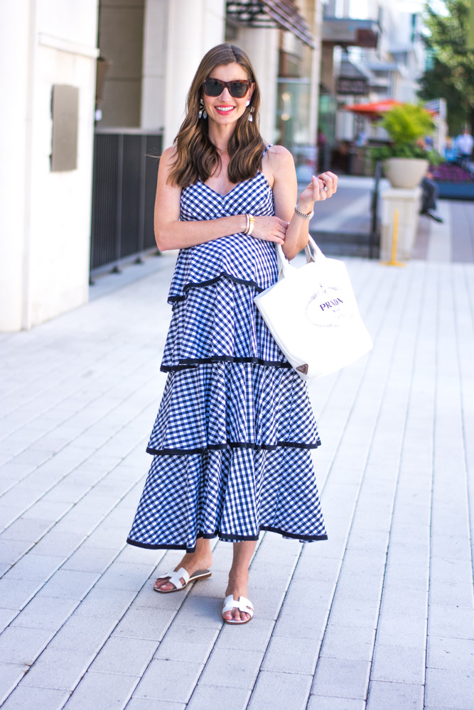 gingham maxi dress white tote bag