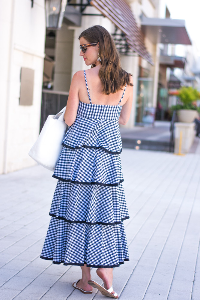 navy checked tiered maxi dress