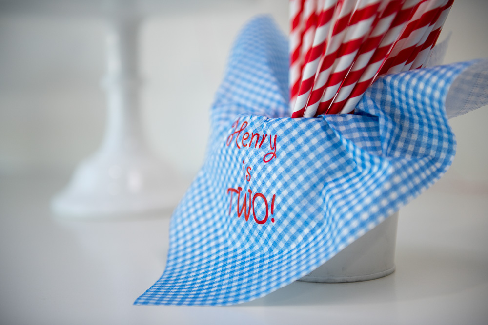 red and white straws with blue gingham personalized napkins