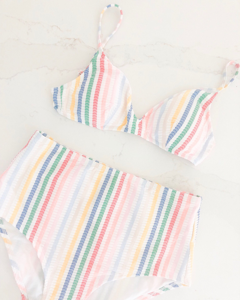 striped two piece high waisted swim suit