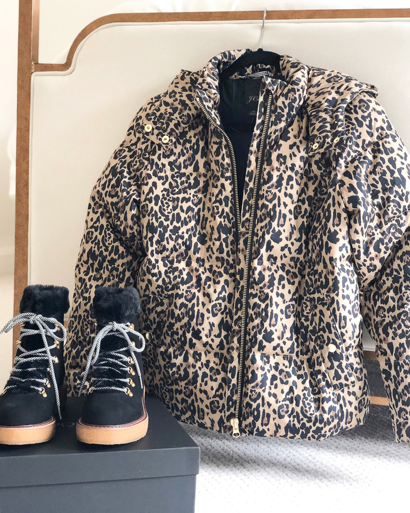 leopard puffer coat black suede boots