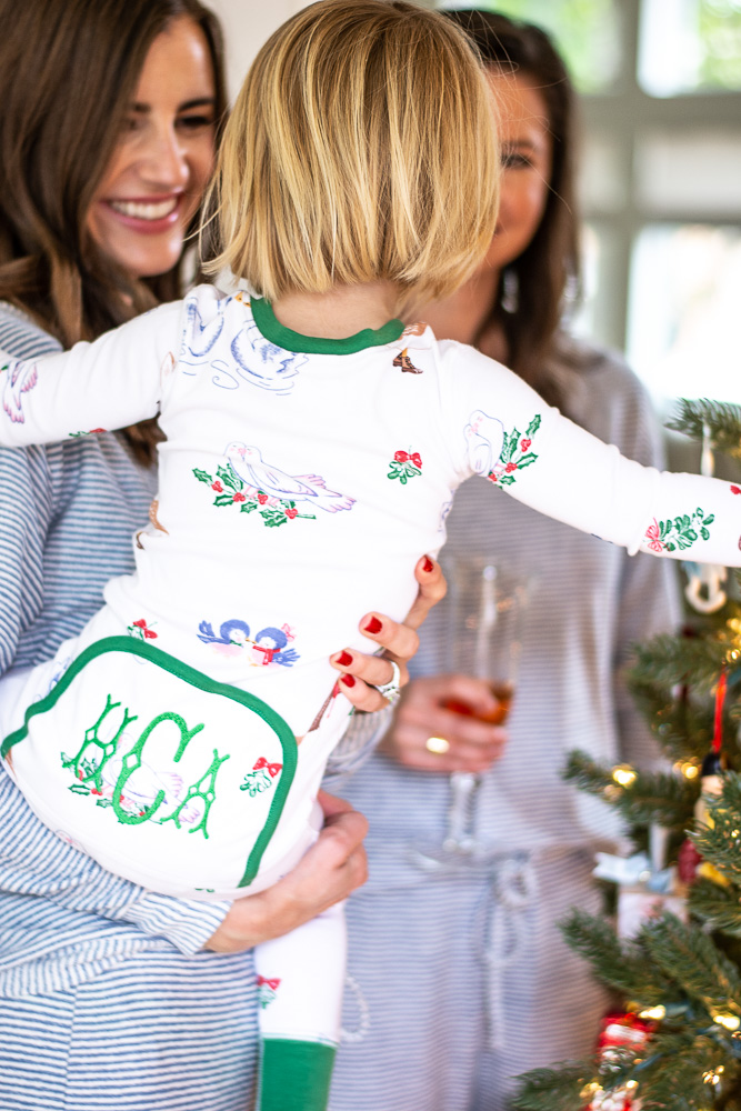 toddler in monogrammed christmas pjamas