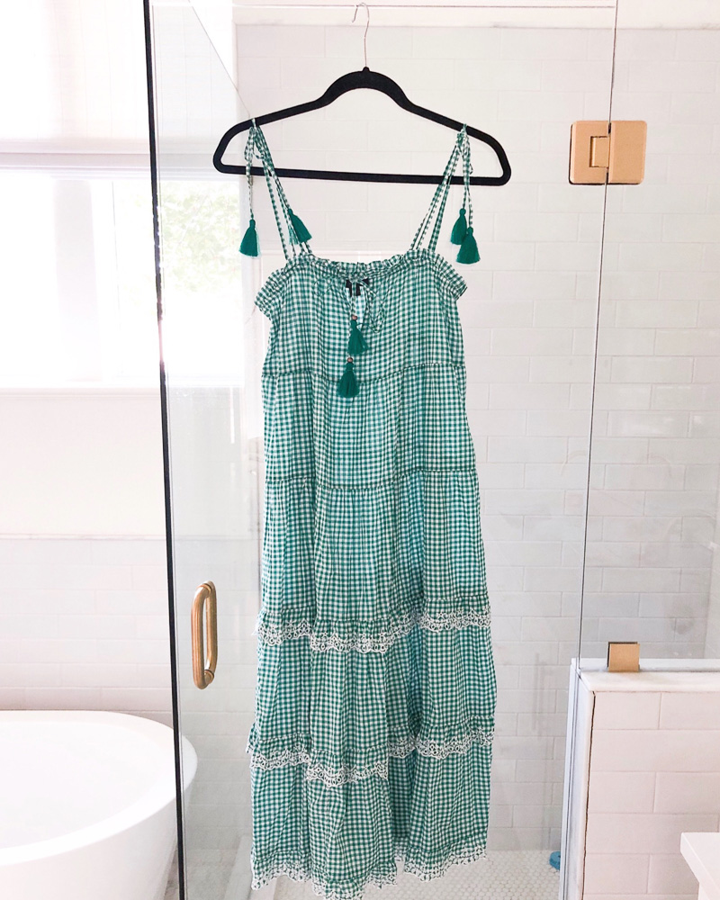 green gingham maxi dress hanging