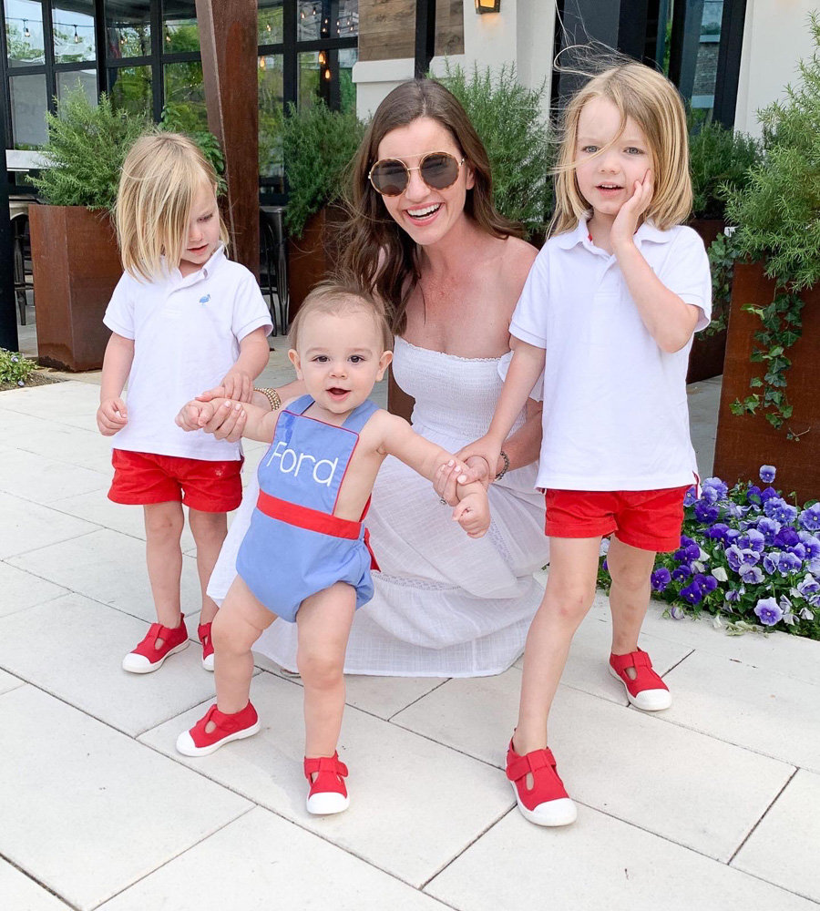 mom with three little boys in red white and blue outfits