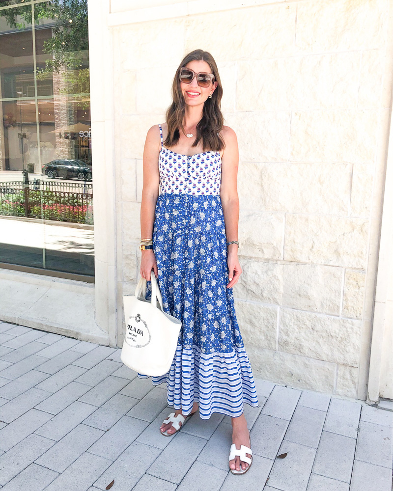 woman wearing multi-pattern maxi dress