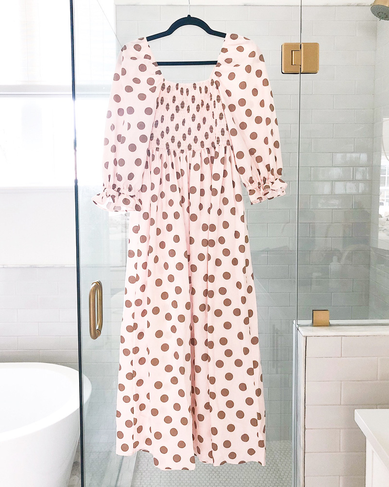 smocked polka dot maxi dress