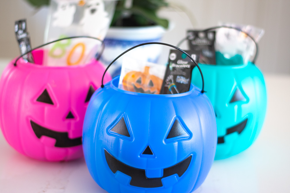 pink blue and teal pumpkin pails