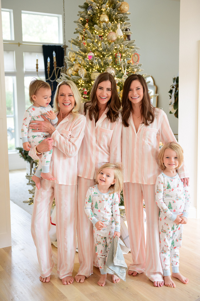 family group in matching christmas pajamas