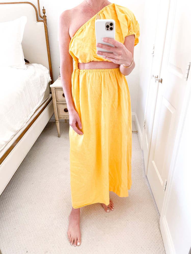yellow two piece maxi skirt and one shoulder top