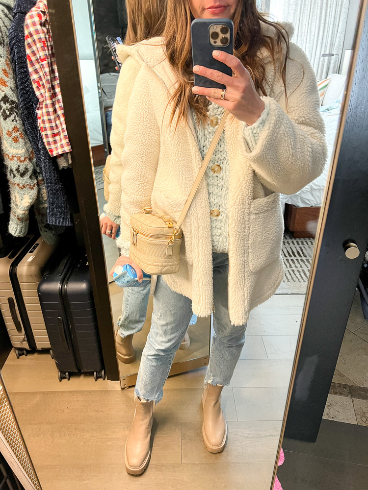 mirror selfie sherpa coat and boots